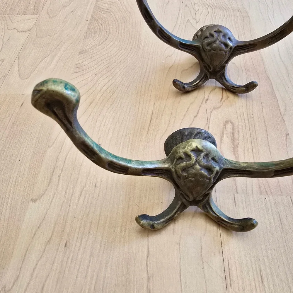 Vintage Cast Metal Wall Hooks Set of 2 Ornate 4-Prong Coat Hat Rack Aged Brass